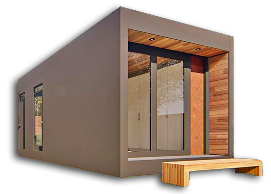 Render de uma casa modular com banco à frente