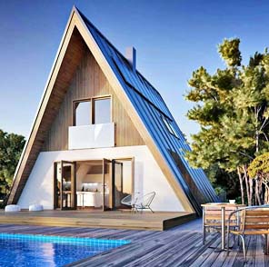 Casa alpina prefabricada con pileta y deck de madera