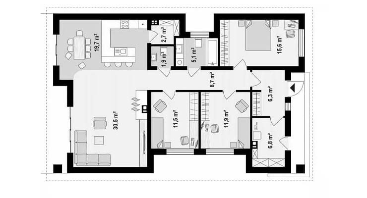 Plano de casa prefabricada de 120 metros cuadrados