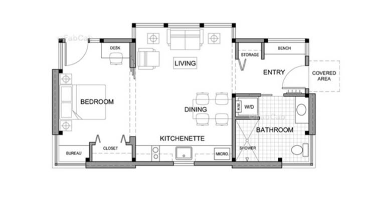 Plano de casa prefabricada de 48 metros cuadrados