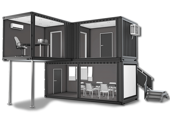 Render de una casa prefabricada con containers de dos pisos