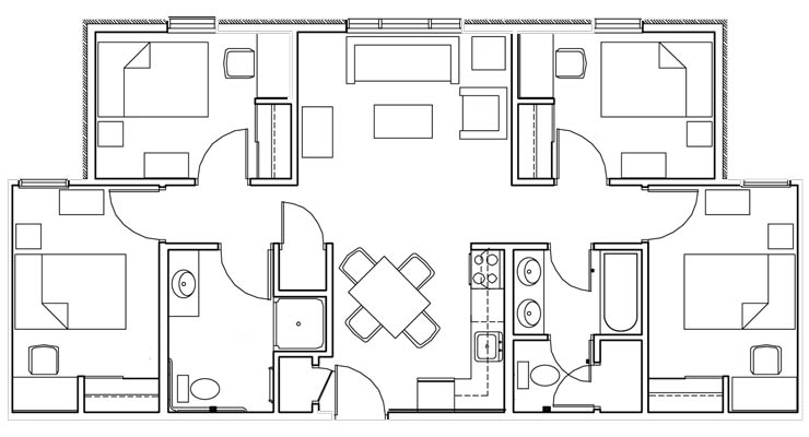Plano de casa prefabricada de 4 dormitorios con 2 baños