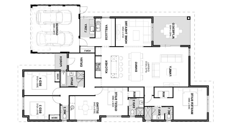 Plano de casa prefabricada de 4 dormitorios con 3 baños