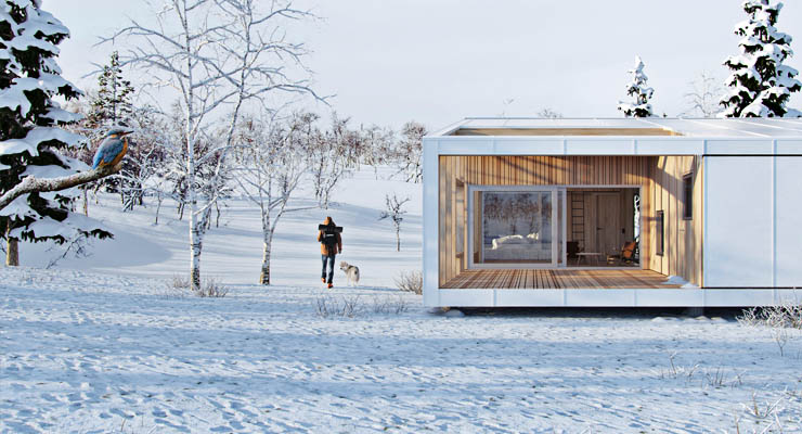 Casa nórdica prefabricada en un paisaje nevado